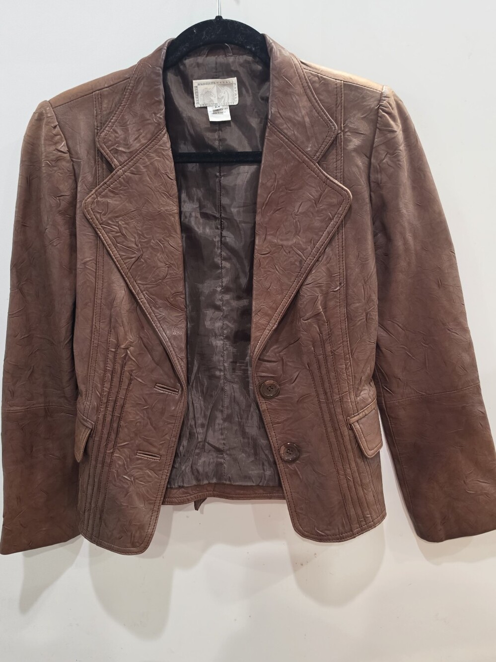 Vintage Alberto Makali 100% Leather Brown Crinkle Blazer Jacket Women's M Boho